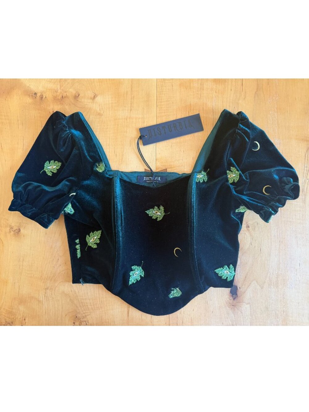 DISTURBIA Swamplife Frog Embroidered Velour Puff Sleeve Corset Top – US 6/ UK 10 - Picture 2 of 7